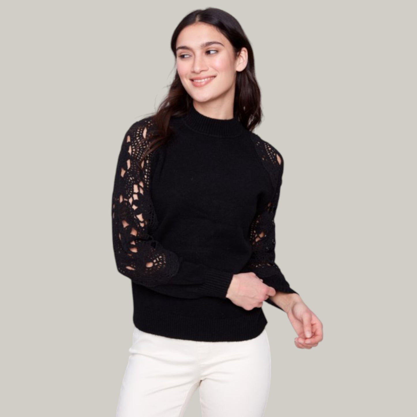 Charlie B - Mock Neck Sweater With Crochet Sleeves