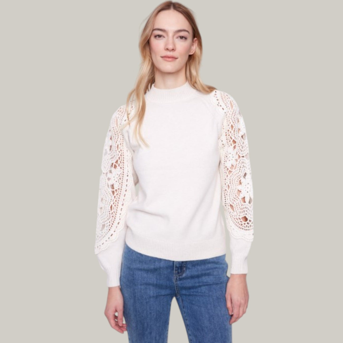 Charlie B - Mock Neck Sweater With Crochet Sleeves