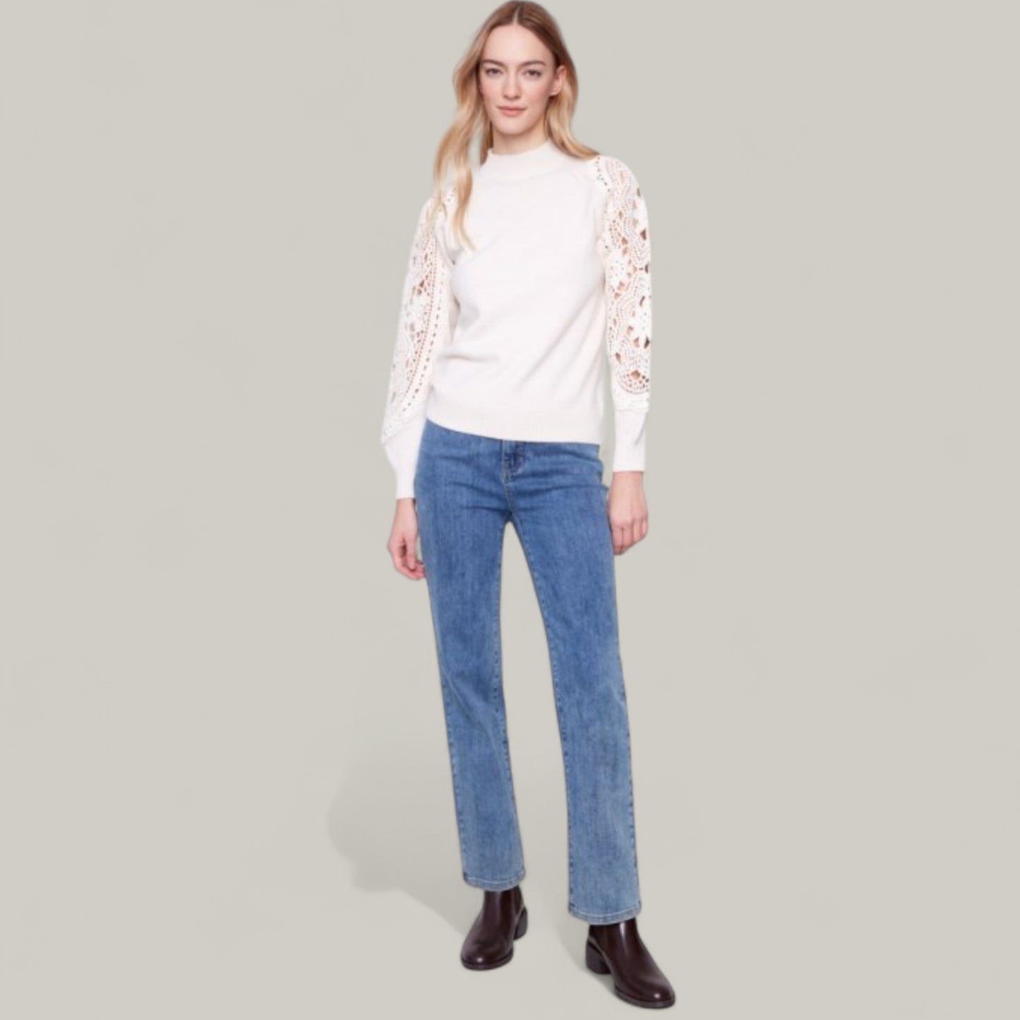 Charlie B - Mock Neck Sweater With Crochet Sleeves