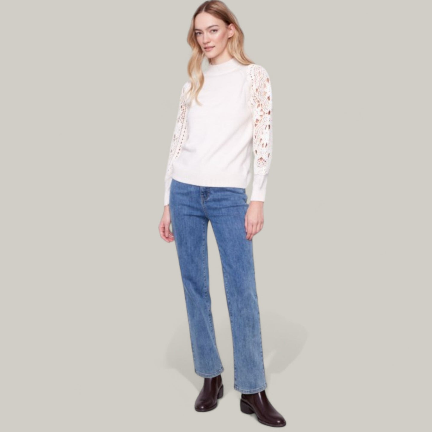 Charlie B - Mock Neck Sweater With Crochet Sleeves