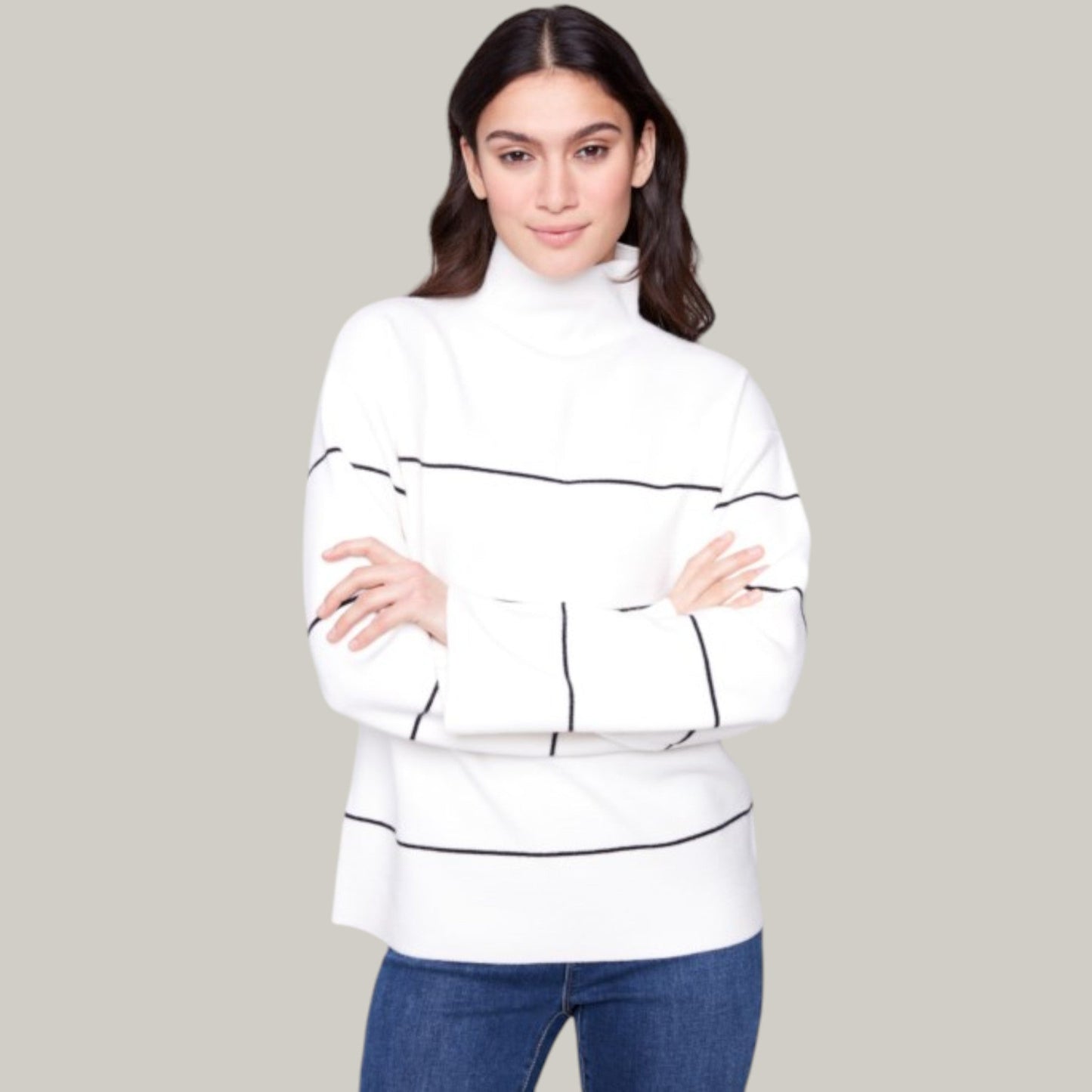 Charlie B - Yarn Dye Funnel Neck Striped Sweater