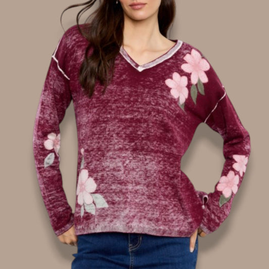 Charlie B - Reversible Botanical V-Neck Sweater