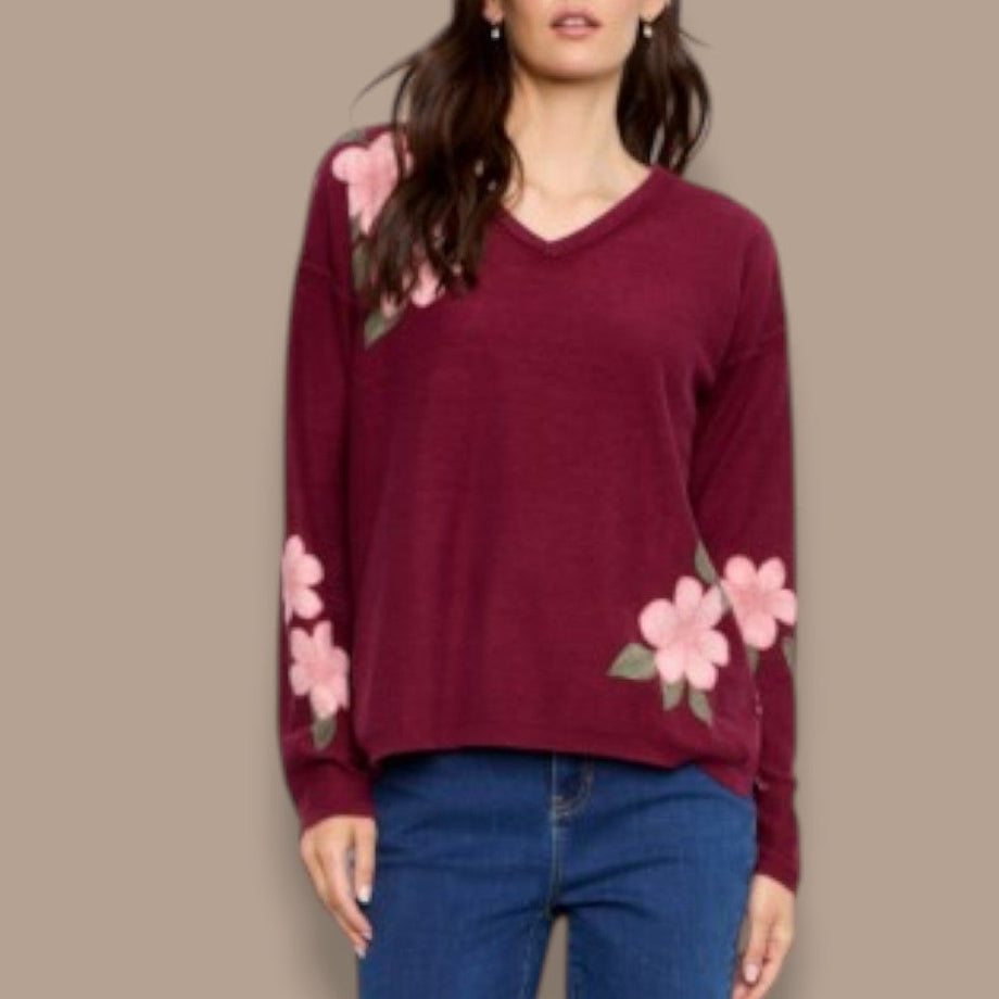 Charlie B - Reversible Botanical V-Neck Sweater