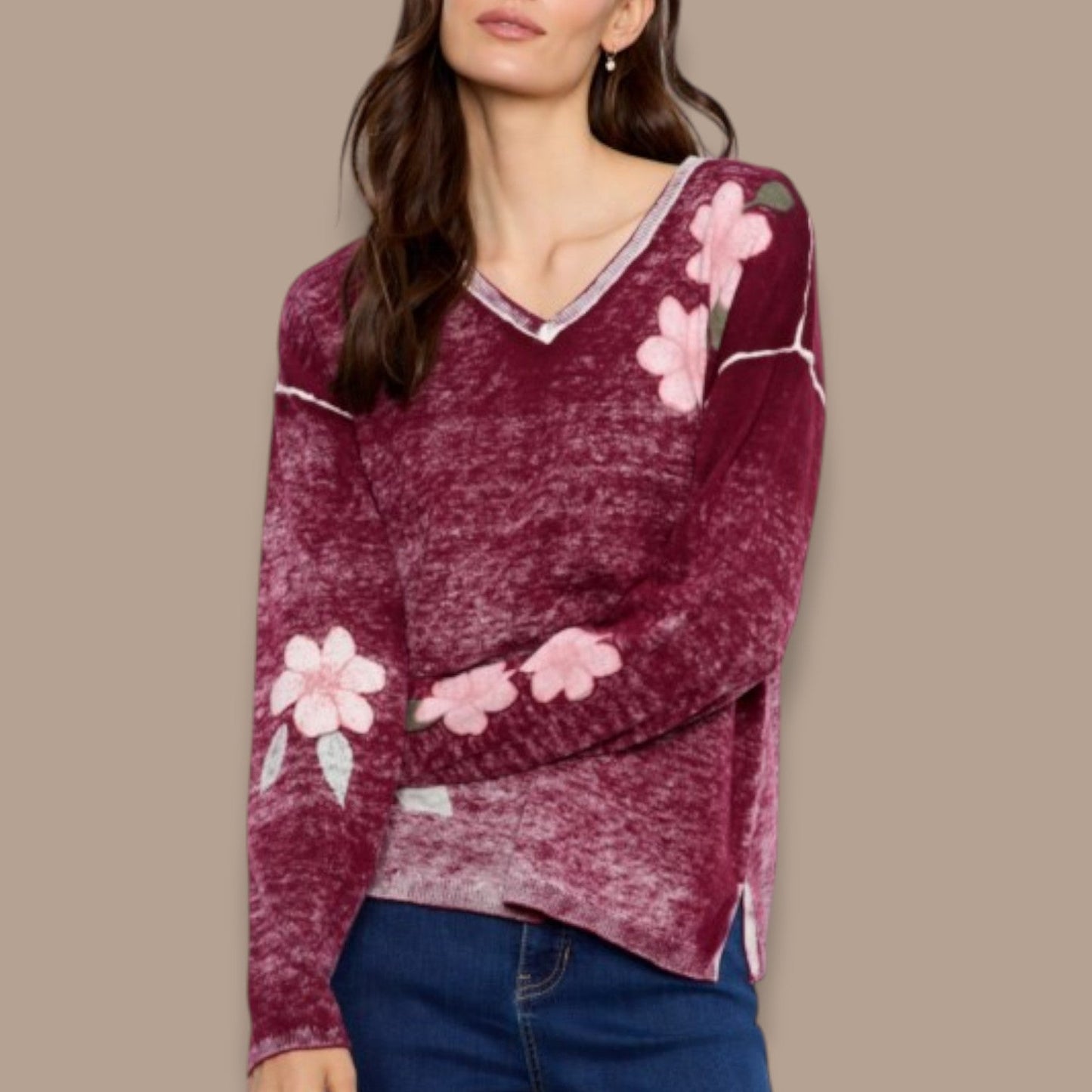 Charlie B - Reversible Botanical V-Neck Sweater