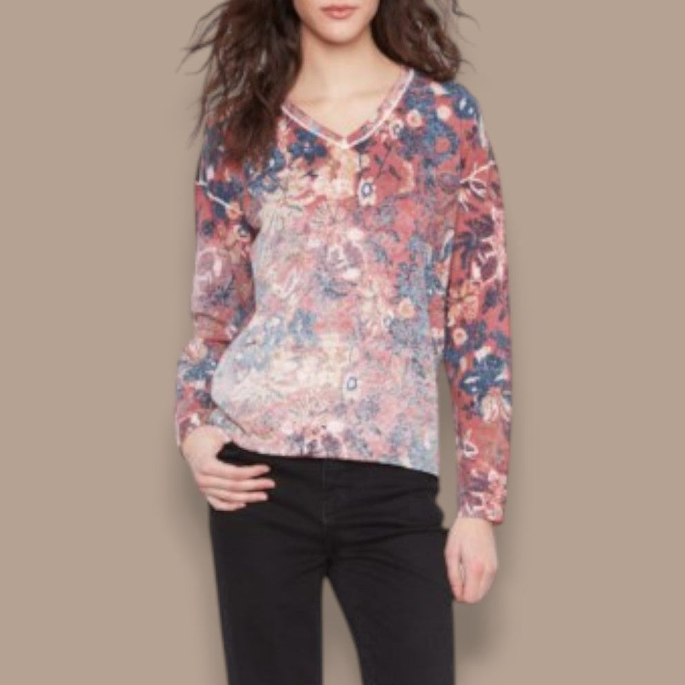 Charlie B - Passion Reversible Floral V-Neck Sweater