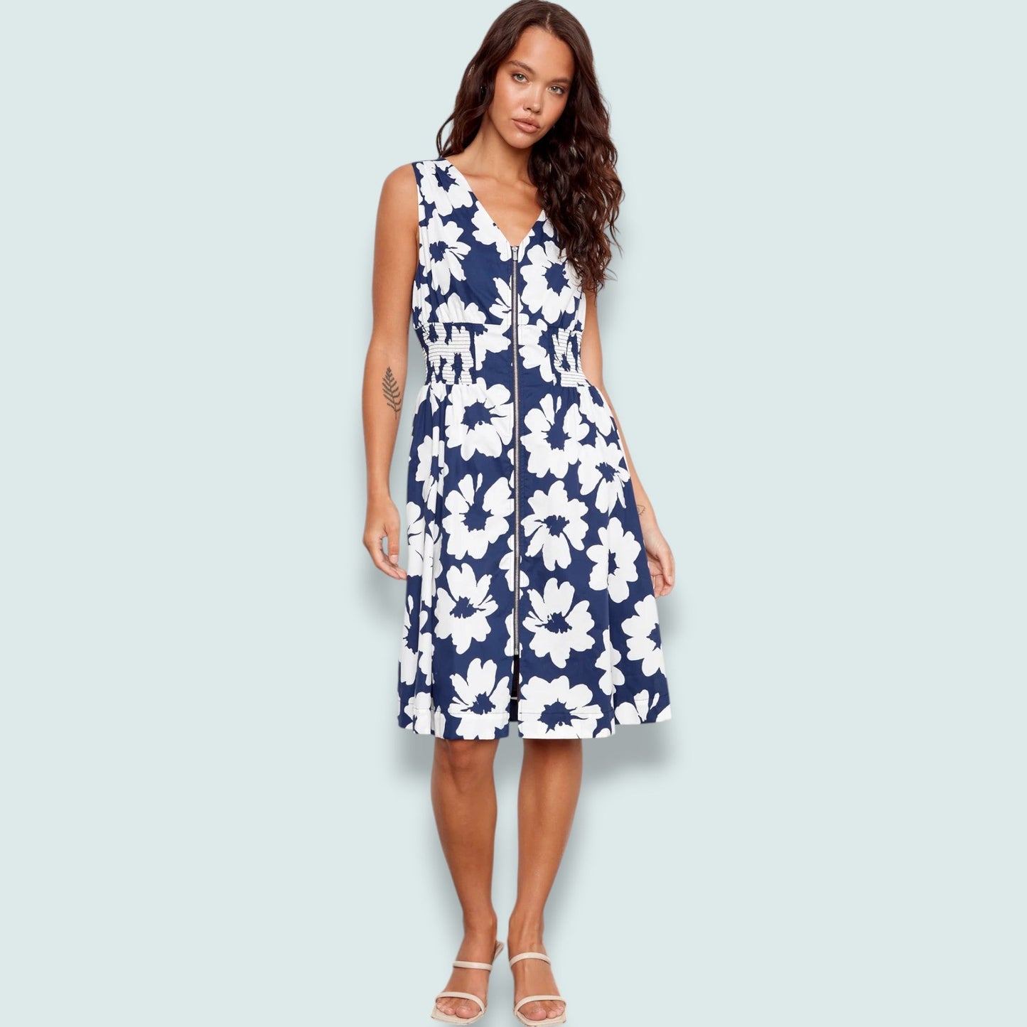 Charlie B - Cotton Voile Printed Front Zip Knee Length Dress