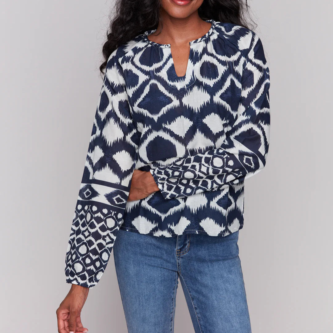 Charlie B - Printed Long Sleeve Popover Blouse