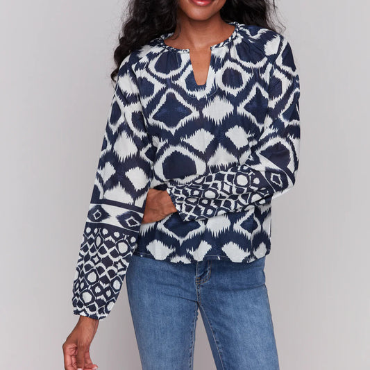 Charlie B - Printed Long Sleeve Popover Blouse