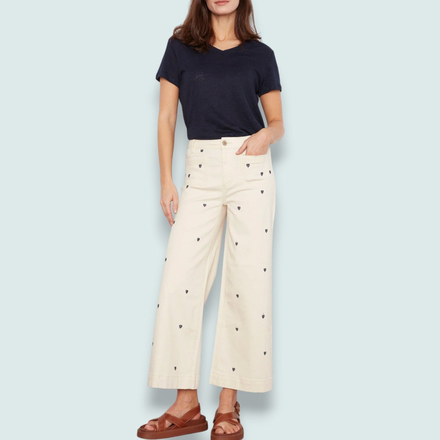 Charlie B - Embroidered Heart Cropped Flare Flex Twill Pant