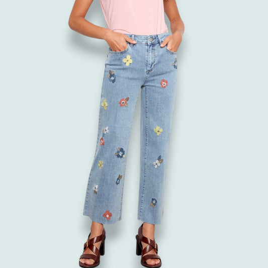 Charlie B - Floral Embroidered Wide Leg Stretch Denim