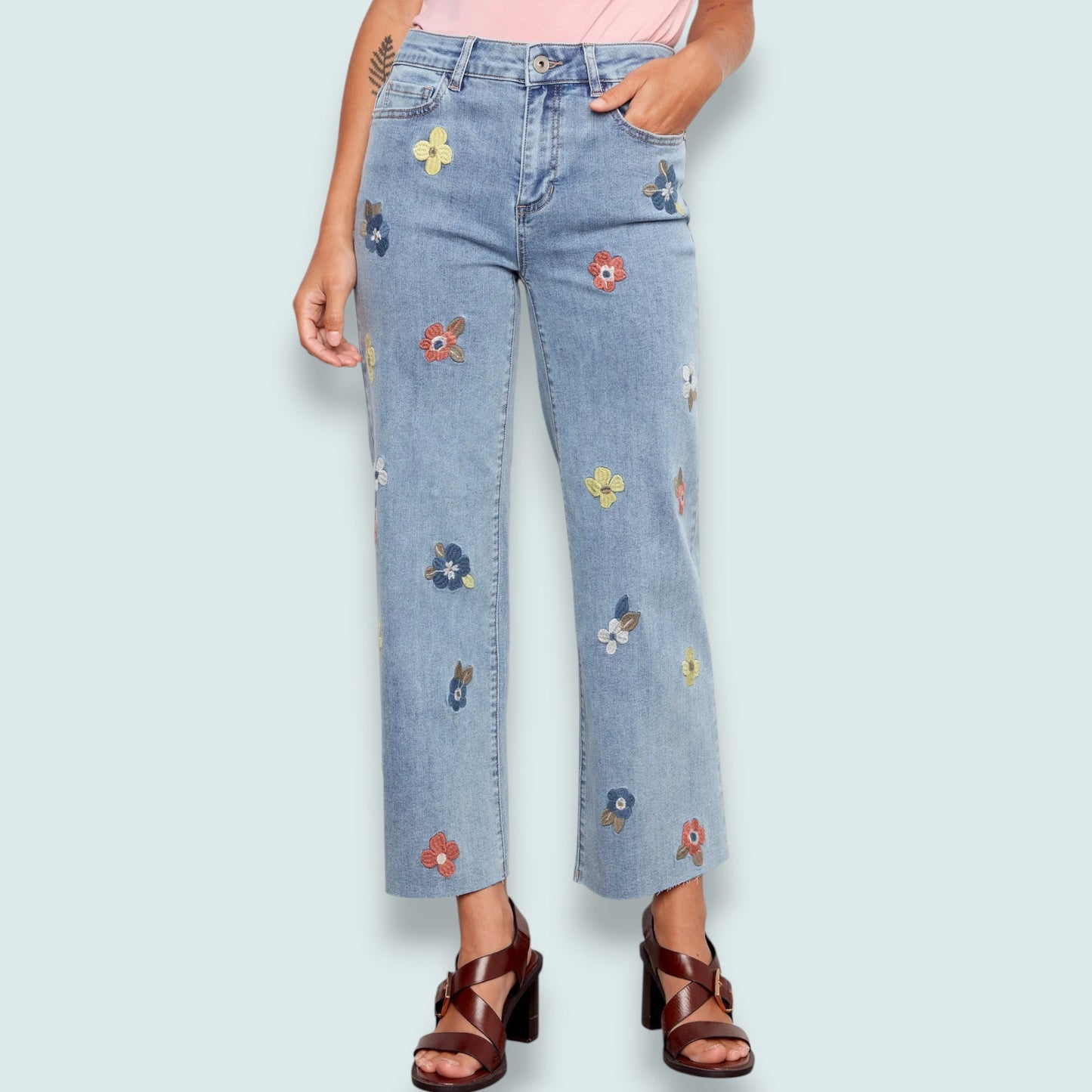 Charlie B - Floral Embroidered Wide Leg Stretch Denim
