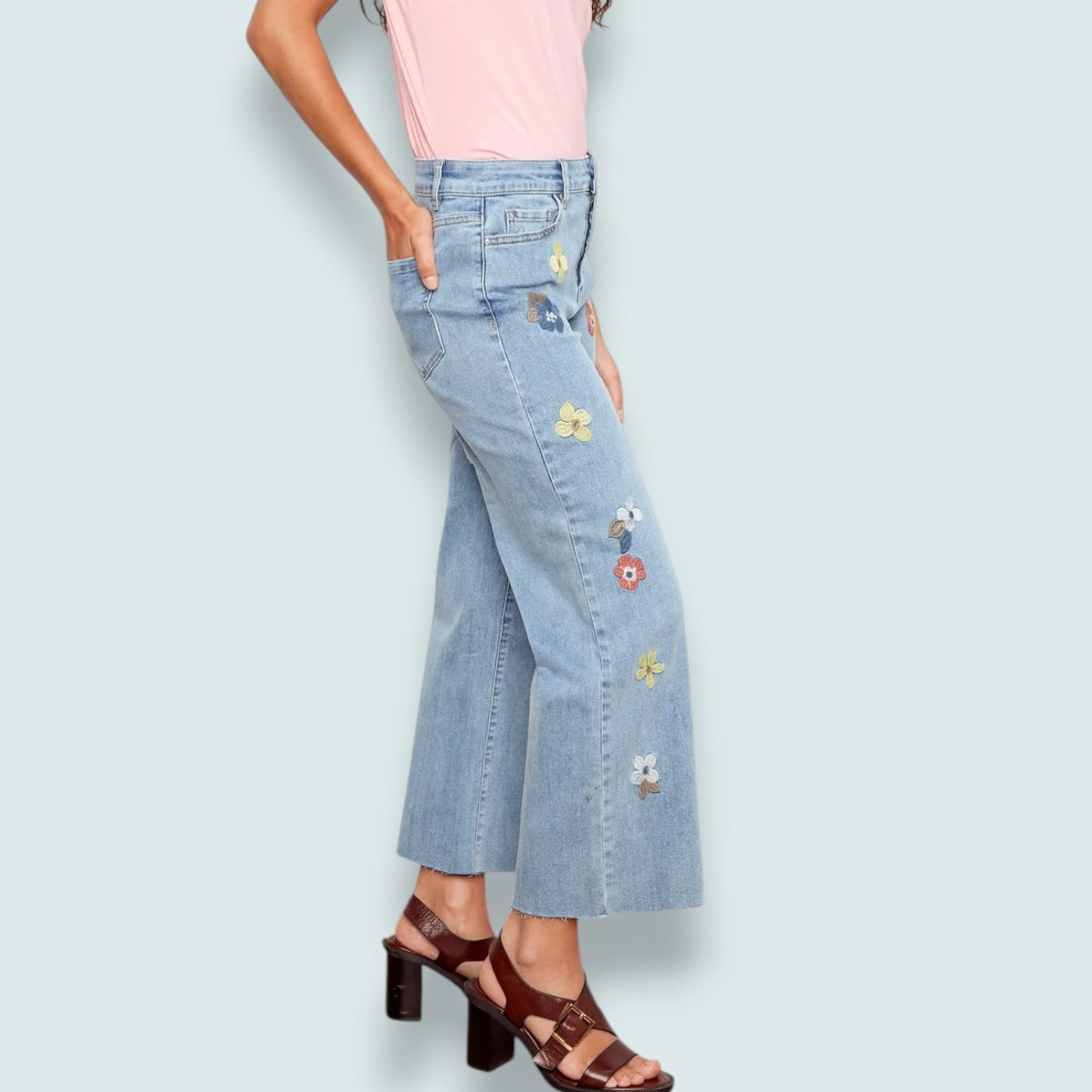 Charlie B - Floral Embroidered Wide Leg Stretch Denim