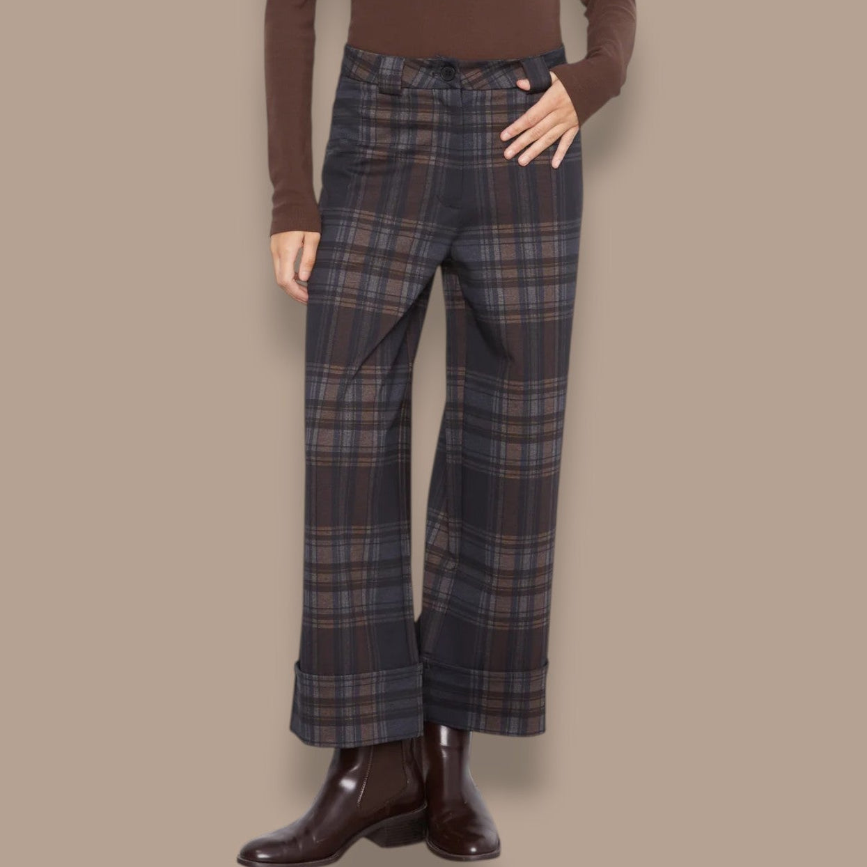 Charlie B - Plaid Wide Leg Cuffed Pants