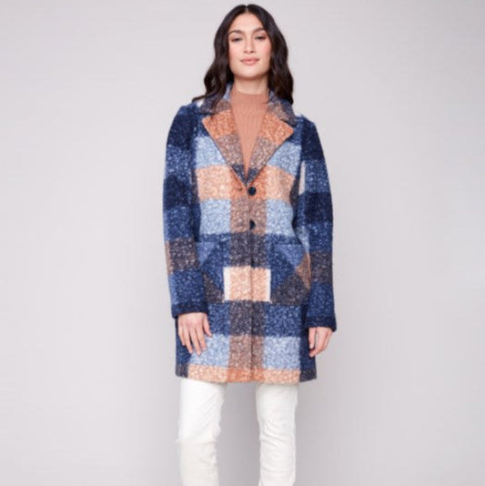 Charlie B - Plaid Boucle Knit Tailored Collar Coat