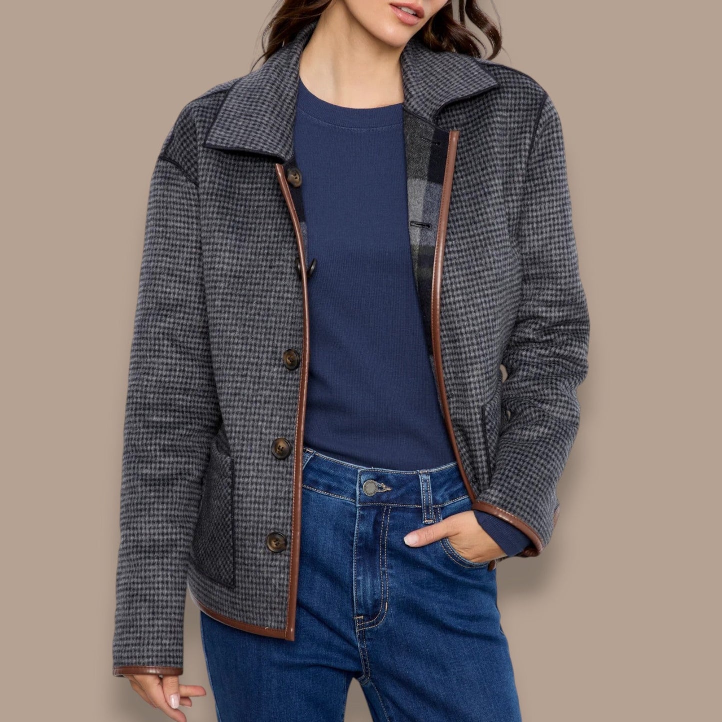 Charlie B - Reversible Plaid Jacket With Leather Binding