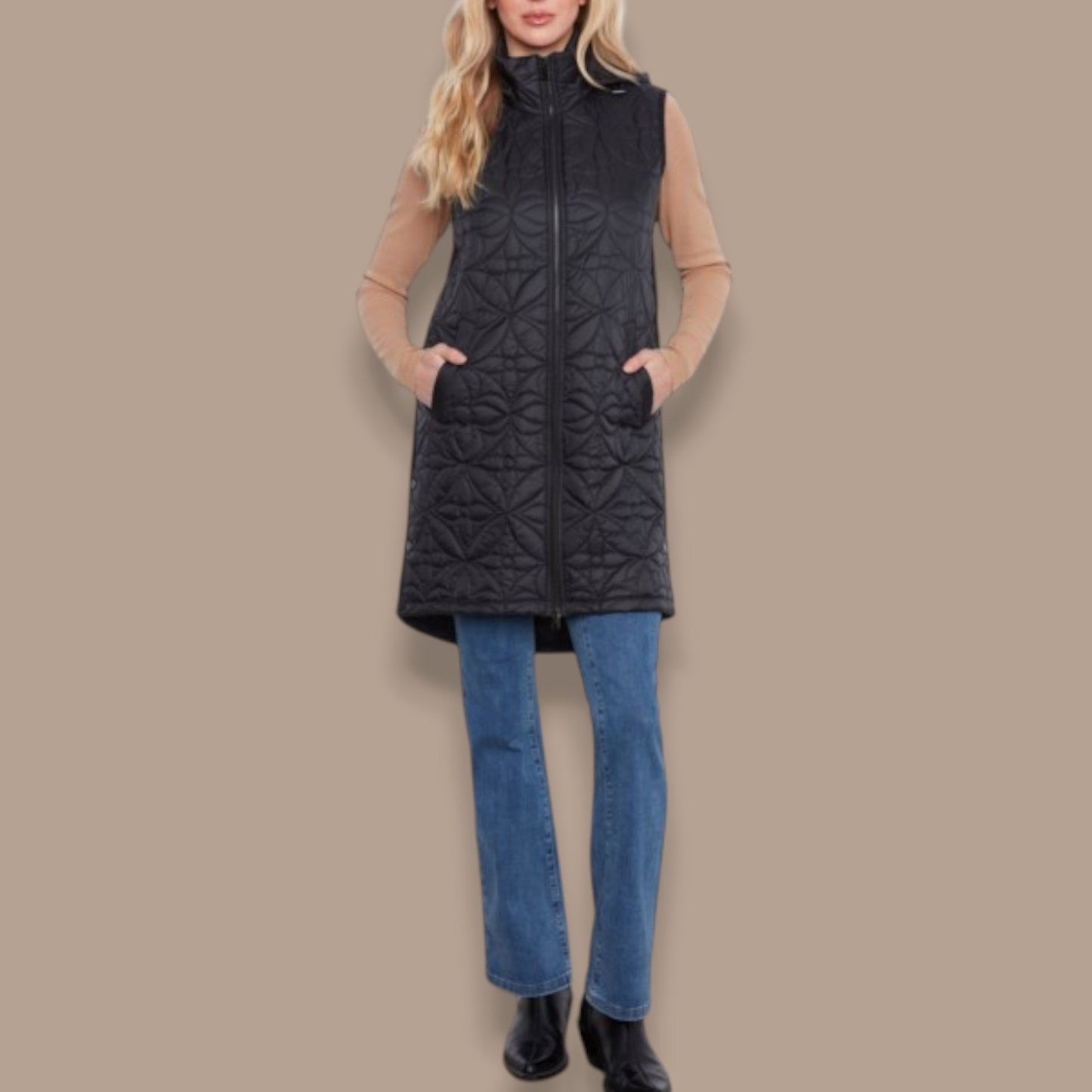 Charlie B - Long Quilted Vest With Removable Hood