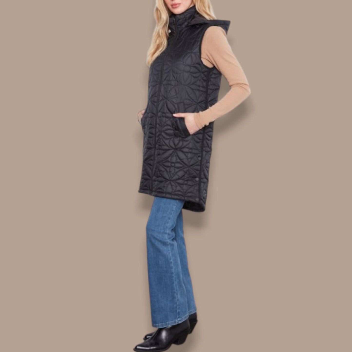 Charlie B - Long Quilted Vest With Removable Hood