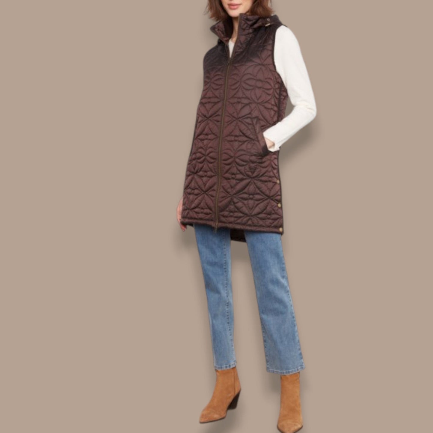 Charlie B - Long Quilted Vest With Removable Hood