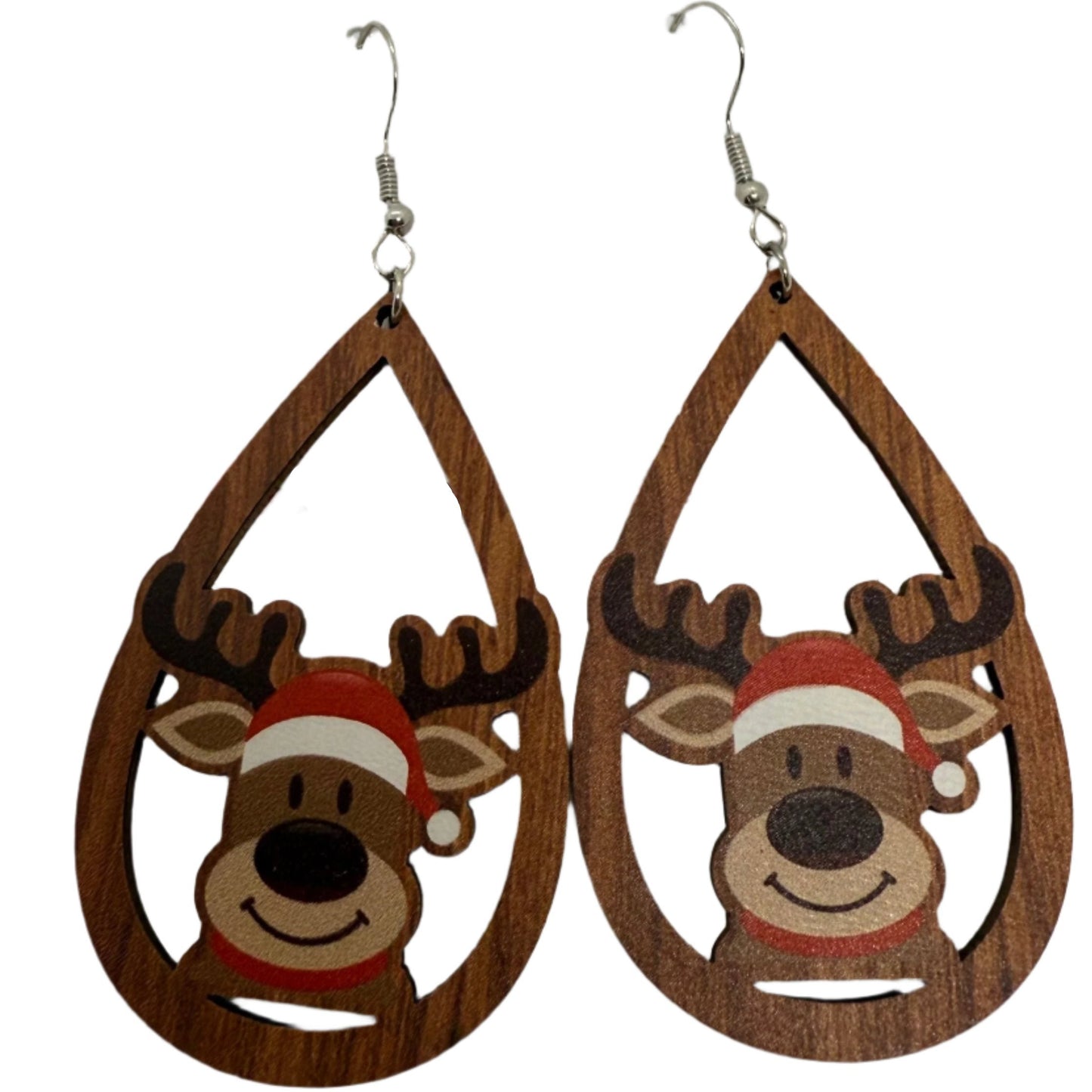 Audrey's - Wooden Teardrop Reindeer Santa Earrings