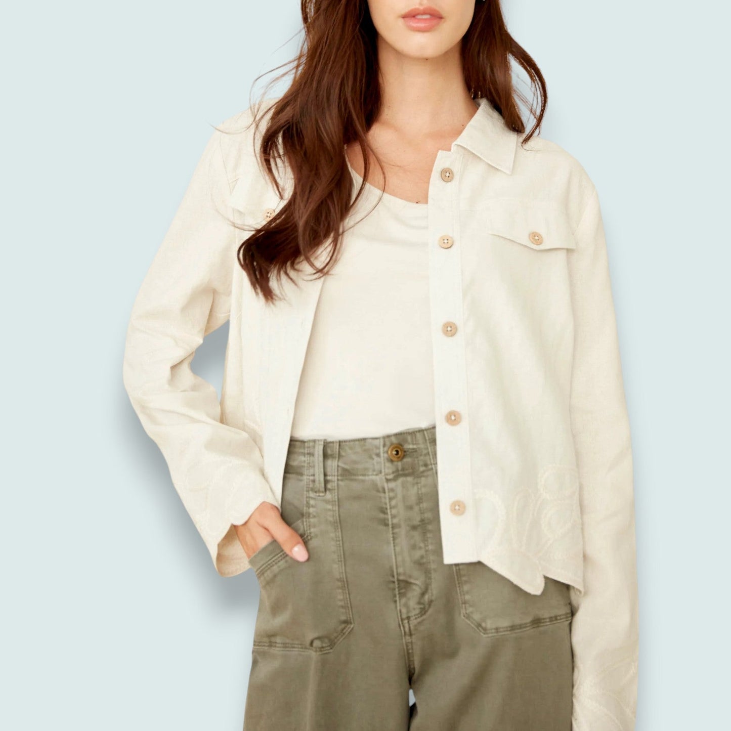 Charlie B - Embroidered Hem Linen Blend Jacket