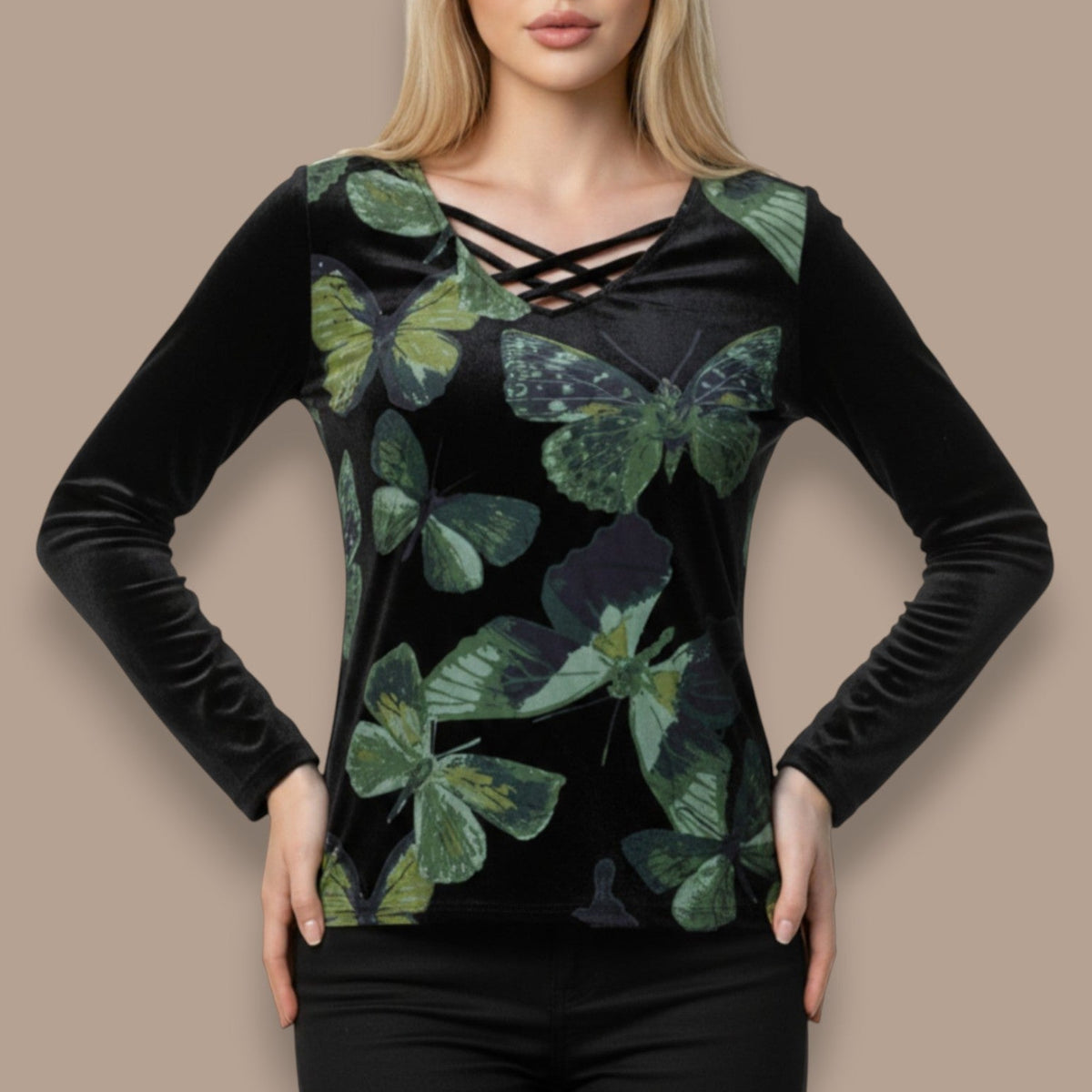 Minkas - Butterfly Print Velour Top