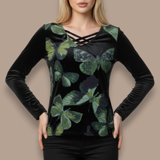 Minkas - Butterfly Print Velour Top