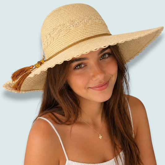 Audrey's - Natural Woven Sun Hat With Tassel Detail