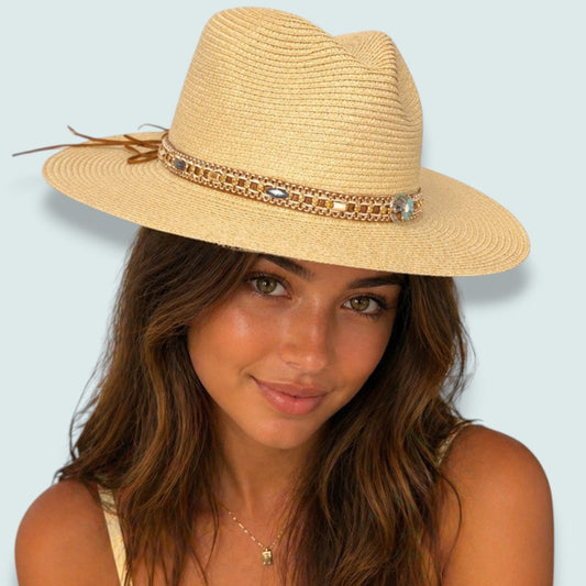 Audrey's - Refined Straw Fedora With Embellished Band