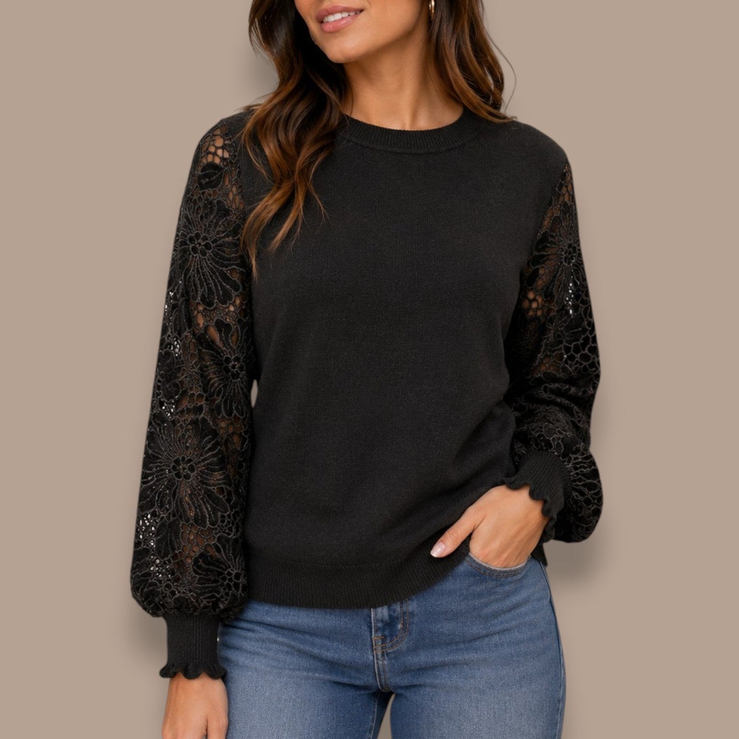 FDJ - Floral Lace Sleeve Knit Sweater