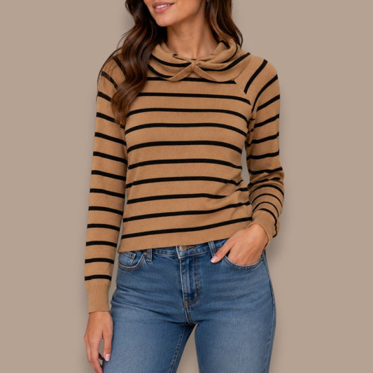 FDJ - Striped Bow Neck Knit Sweater