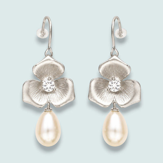 Audrey's - Silver Blossom Pearl Drop Earrings