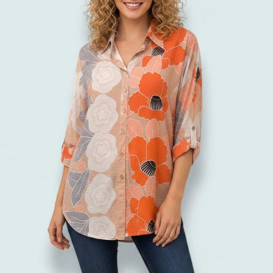 New Label - Floral Button-Front Tunic Blouse