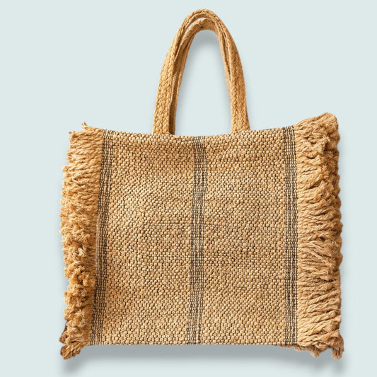Vintage Decor - Fringed Jute Market Tote Bag