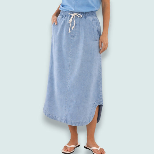Betty Basics - Chambray Drawstring Midi Skirt