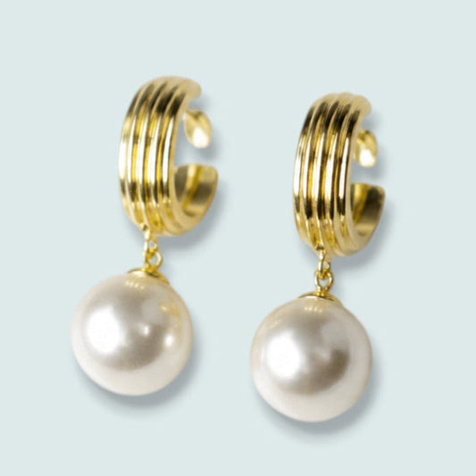 Merx - Pearl Drop Ribbed Half Hoop Earrings