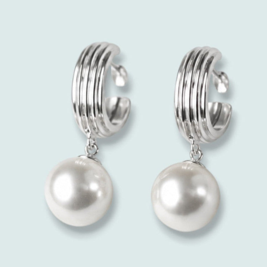 Merx - Pearl Drop Ribbed Half Hoop Earrings