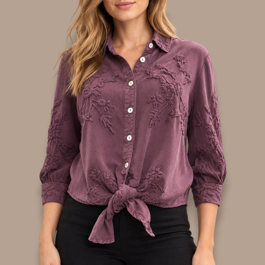 Carreli - Embroidered Tie-Front Blouse
