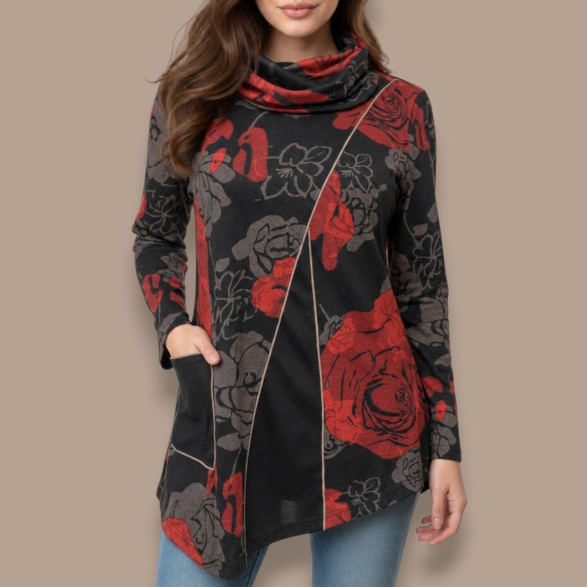 Minkas - Floral Print Cowl Neck Tunic