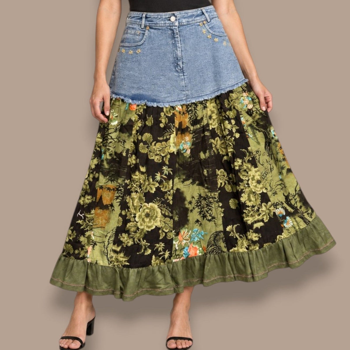 Orientique - Denim & Botanical Print Maxi Skirt