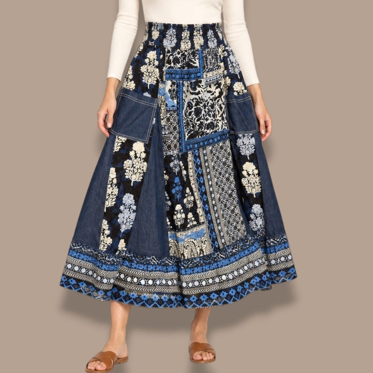 Orientique -Patchwork Print Maxi Skirt