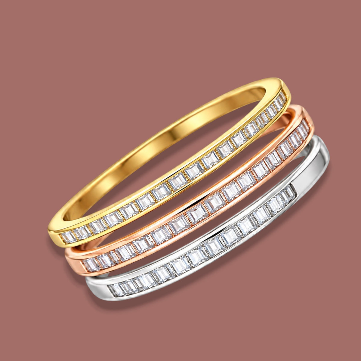 Audrey's - Three-Tone Baguette Crystal Ring Set