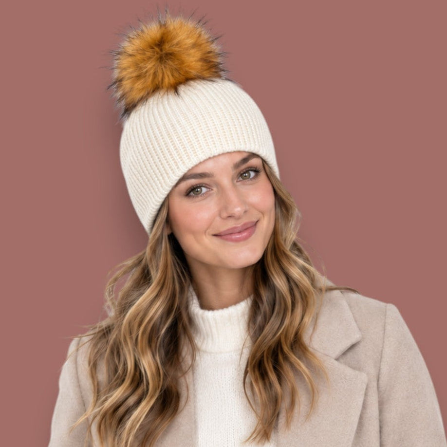 Audrey's - Cozy Ribbed Knit Hat With Detachable Pompom
