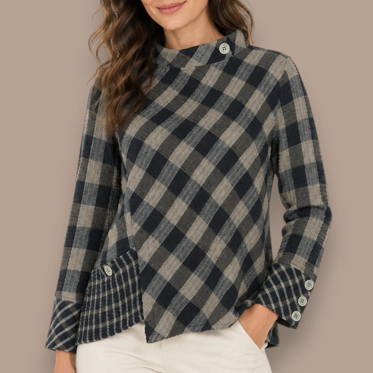 Habitat - Mixed Plaid Button Detail Top