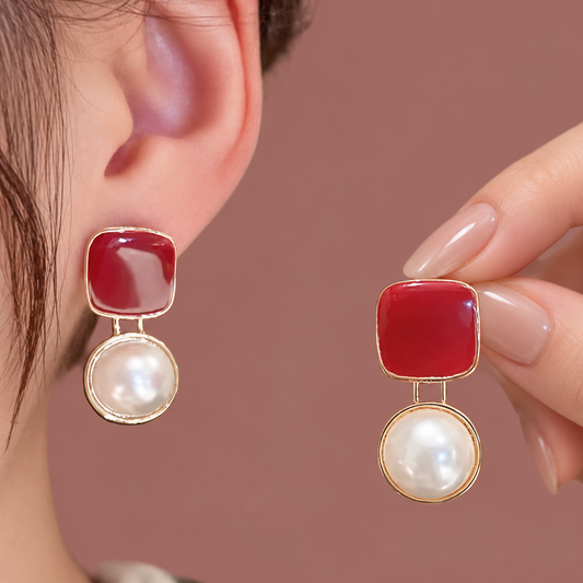 Audrey's - Square Enamel And Pearl Drop Stud