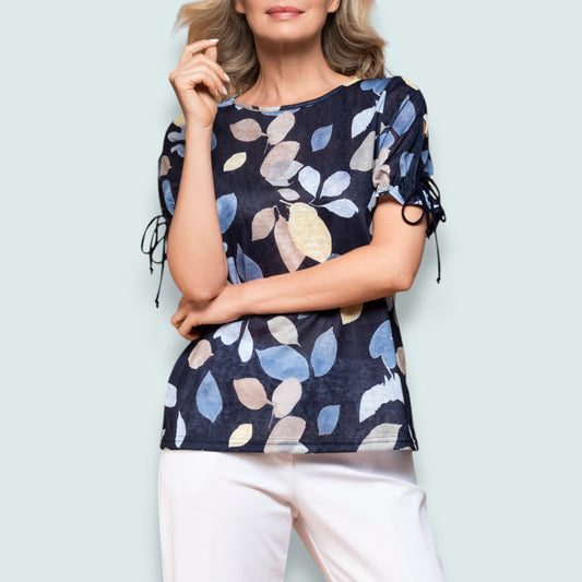 Lasania - Navy Watercolor Leaf Top with Tie Sleeves - Petite