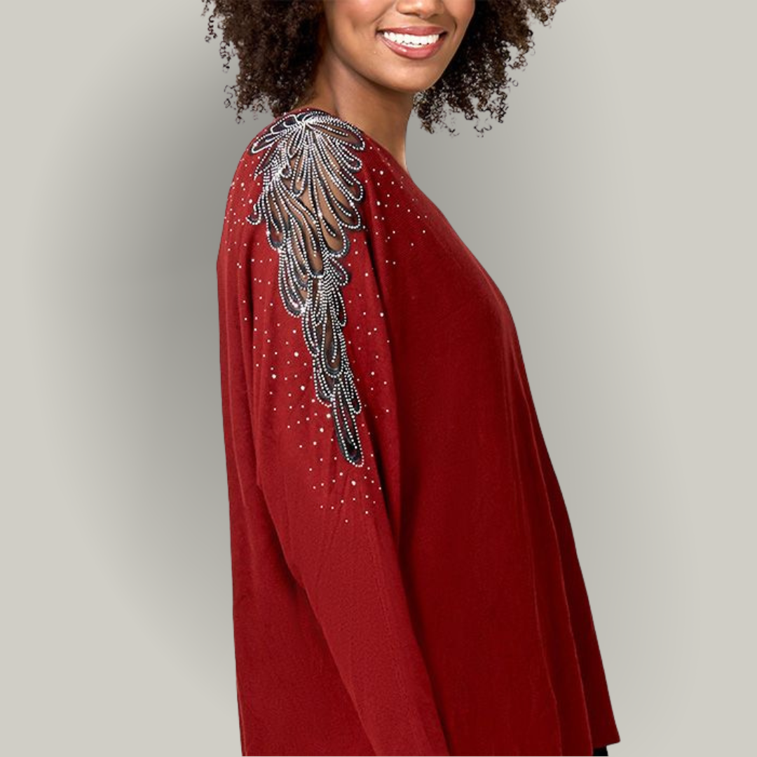 Red Coral - Embellished Drop-Sleeve Top