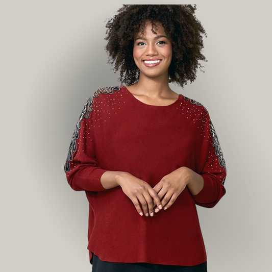 Red Coral - Embellished Drop-Sleeve Top