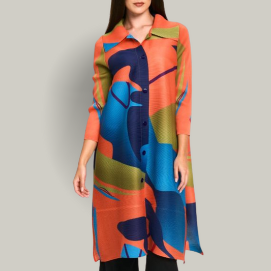 Red Coral - Plissé Abstract Button-Down Tunic Top