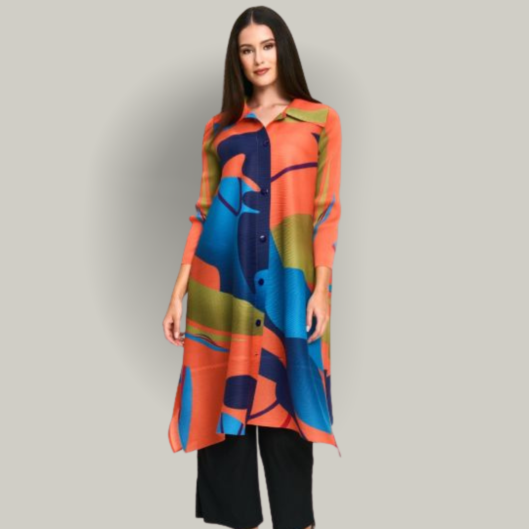 Red Coral - Plissé Abstract Button-Down Tunic Top
