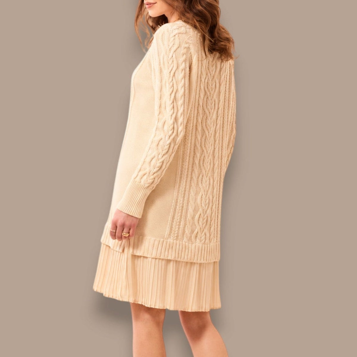 Tribal - Cable Knit Sweater Dress With Pleated Chiffon Hem